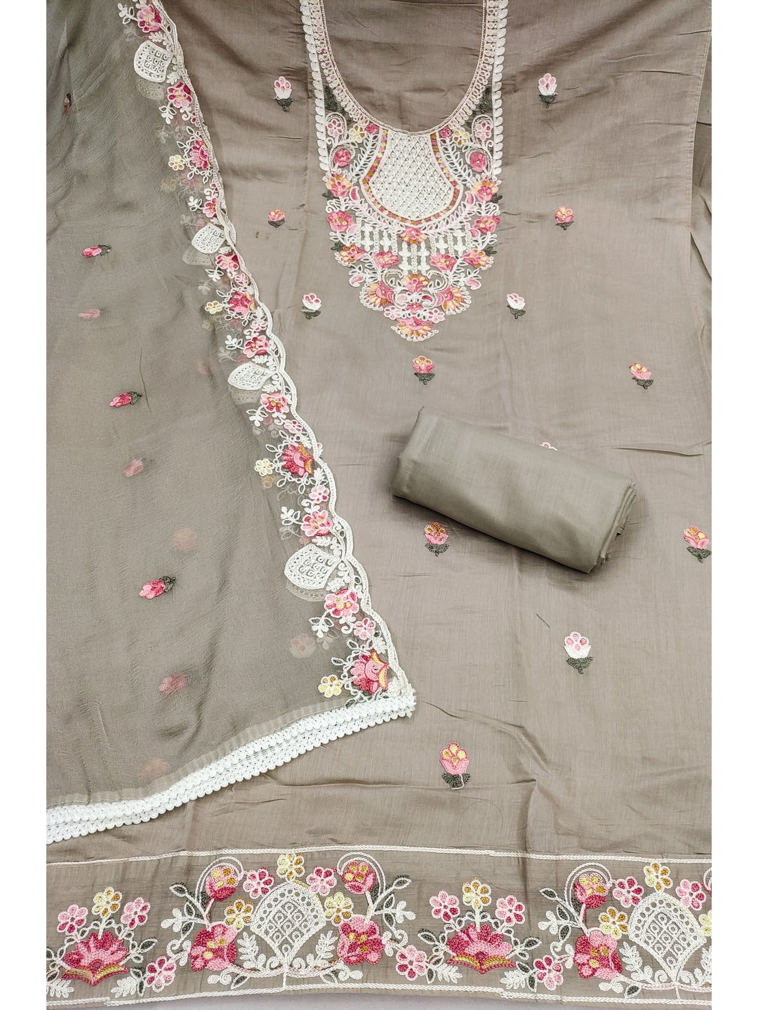 Peachmode Cotton Silk Grey Unstitched Dress Material - Image 2