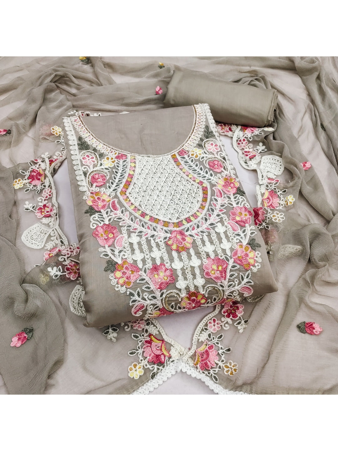 Peachmode Cotton Silk Grey Unstitched Dress Material - Image 1