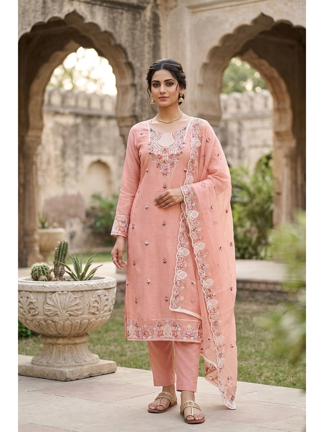 Peachmode Cotton Silk Peach Unstitched Dress Material - Image 1