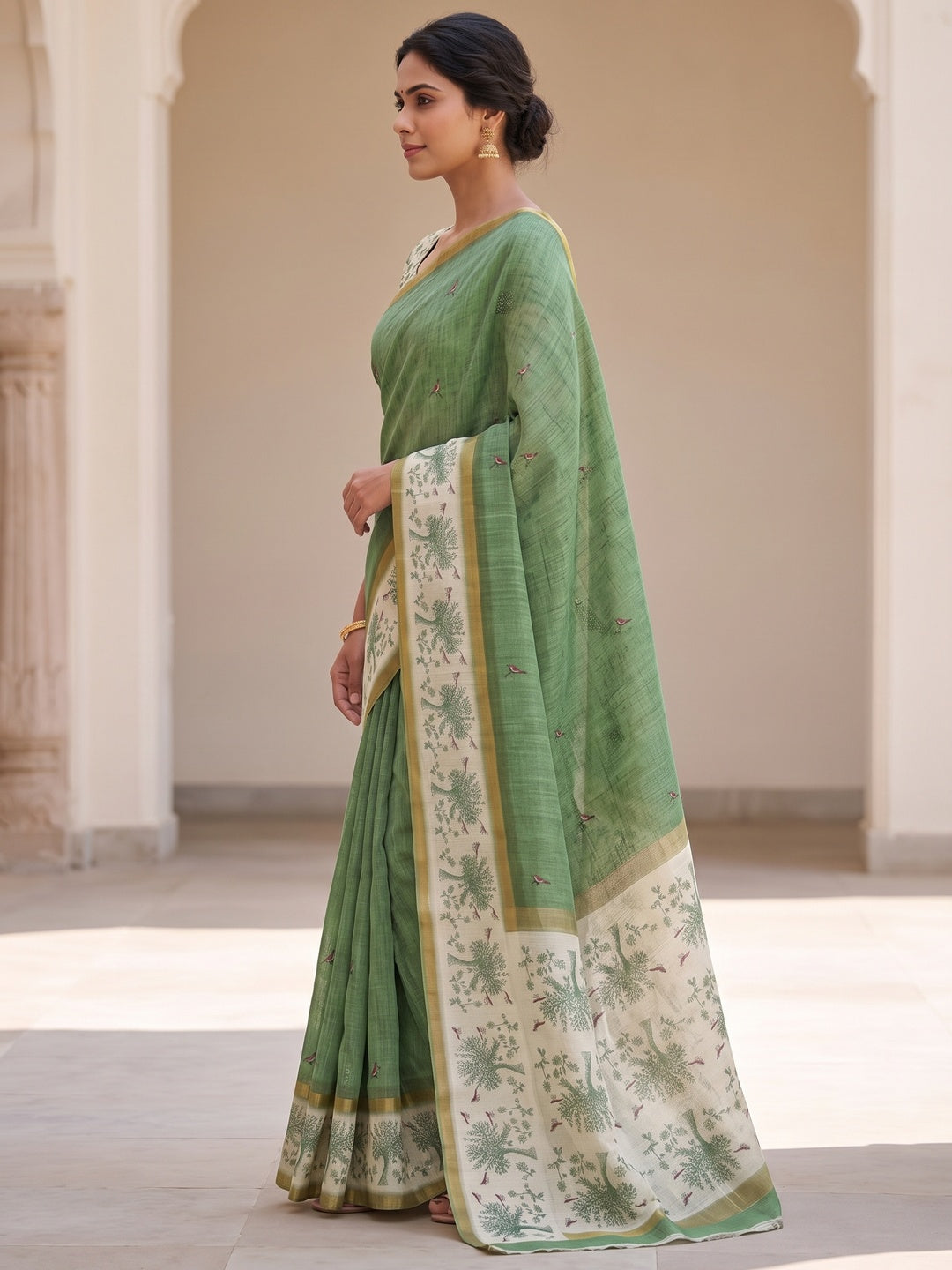Peachmode Green Floral Printed Linen Blend Saree - Image 3