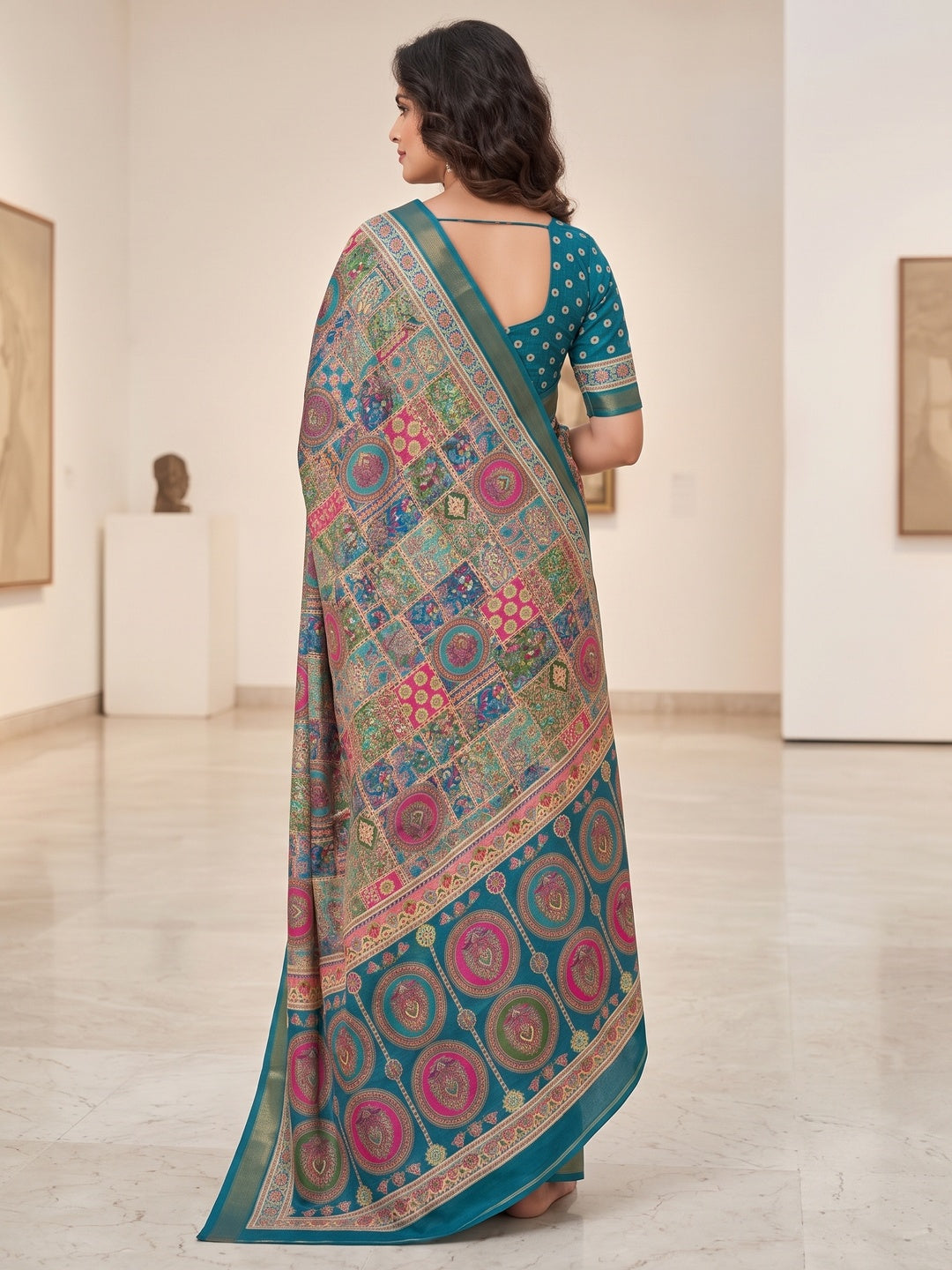 Peachmode Rama Blue Position Printed Dola Silk Saree - Image 3