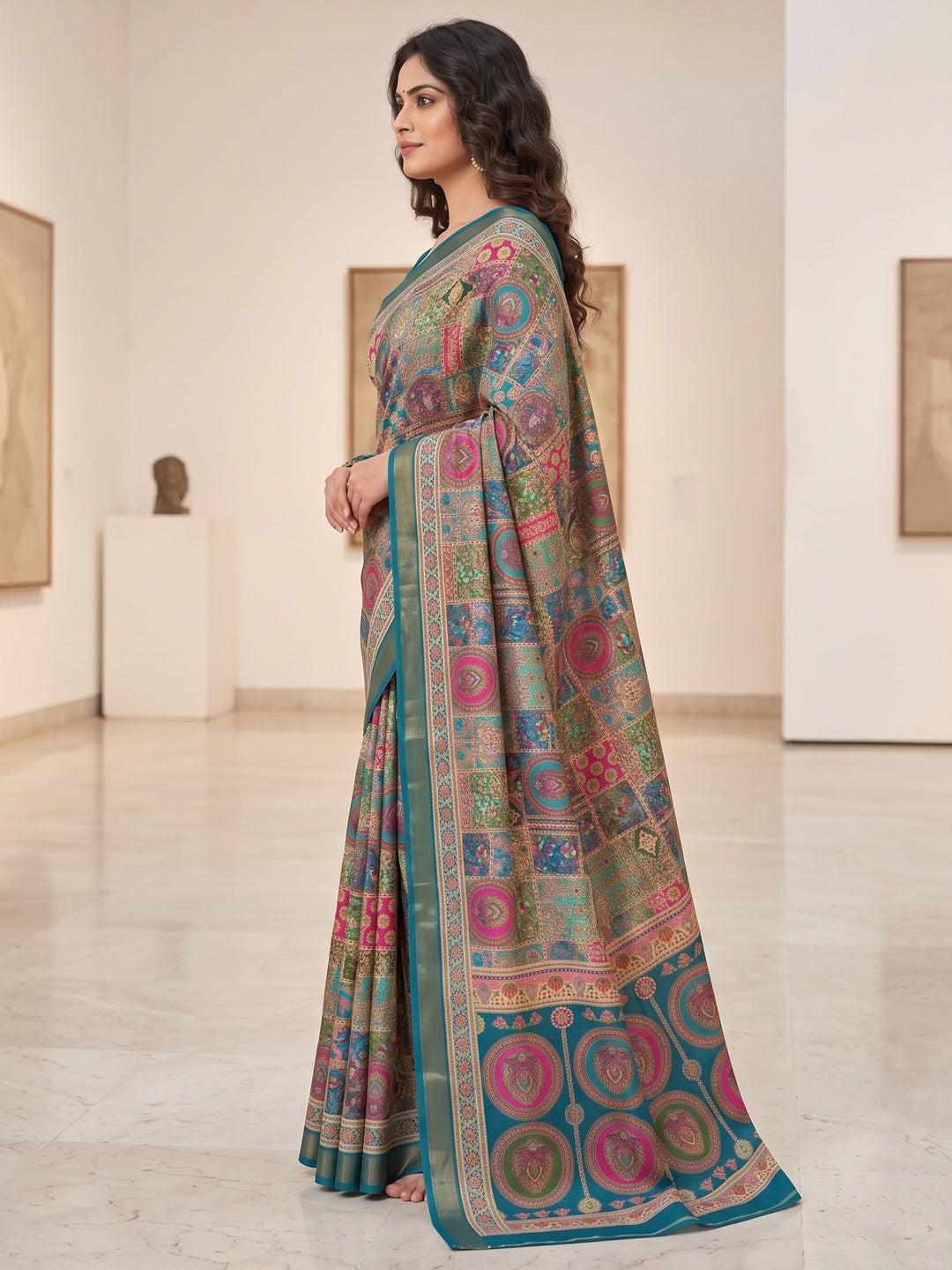 Peachmode Rama Blue Position Printed Dola Silk Saree - Image 4
