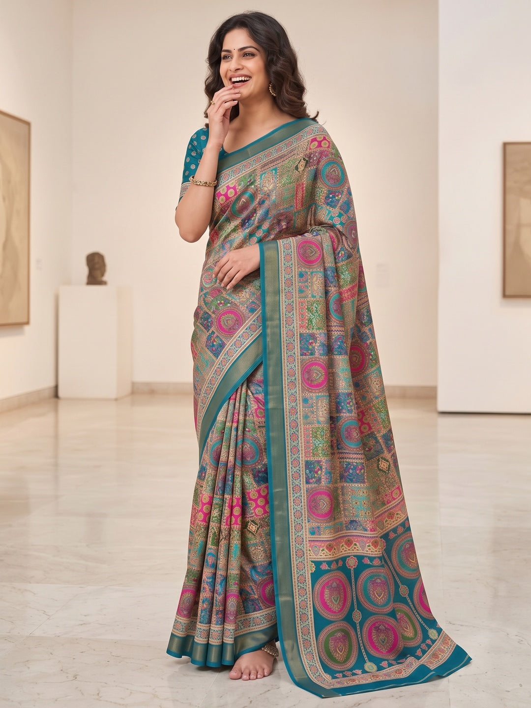 Peachmode Rama Blue Position Printed Dola Silk Saree - Image 1