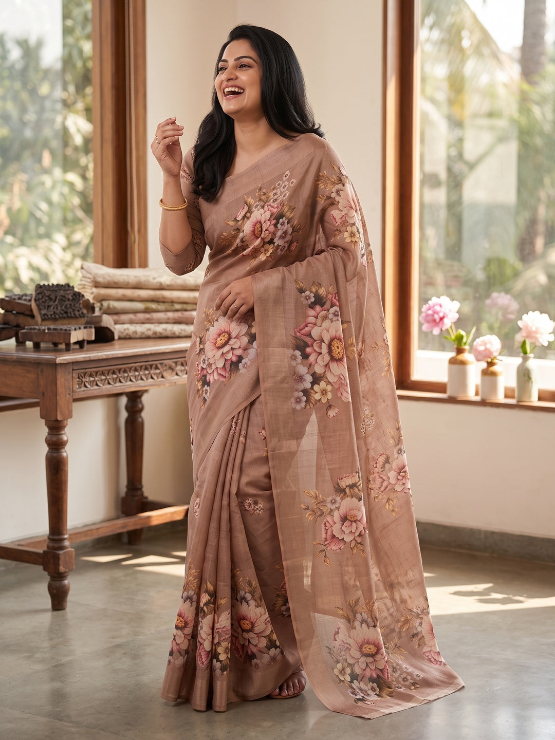 Peachmode Chikoo Floral Bouquet Printed Art Silk Saree - Image 5