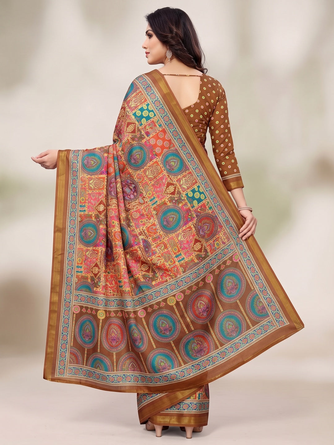 Peachmode Brown Position Printed Dola Silk Saree - Image 3