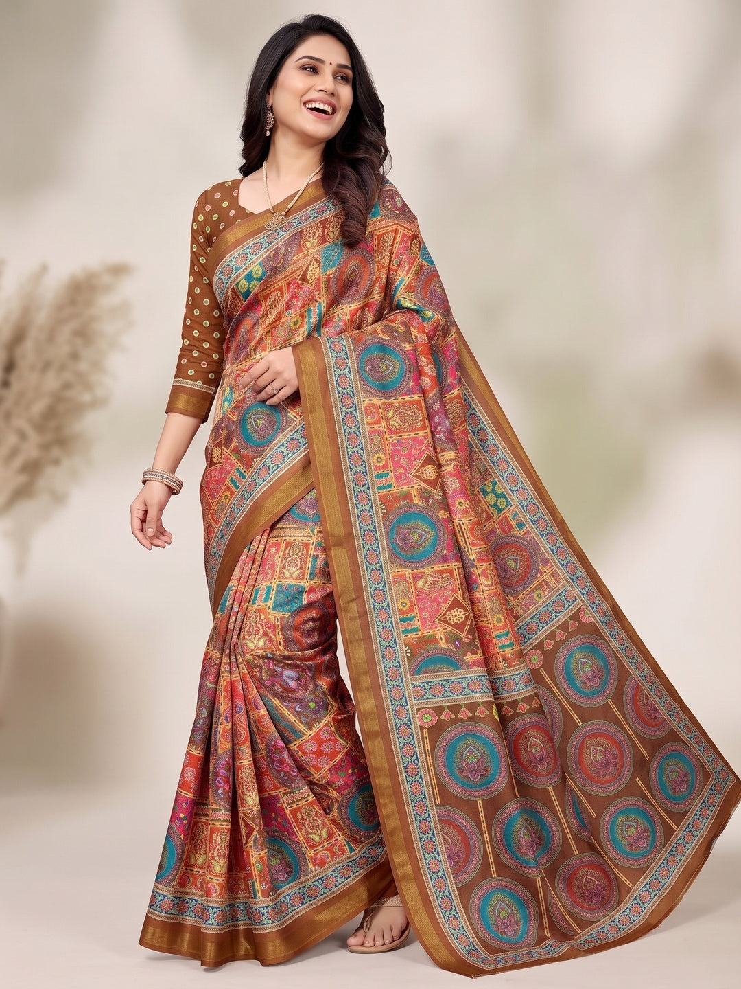 Peachmode Brown Position Printed Dola Silk Saree - Image 5