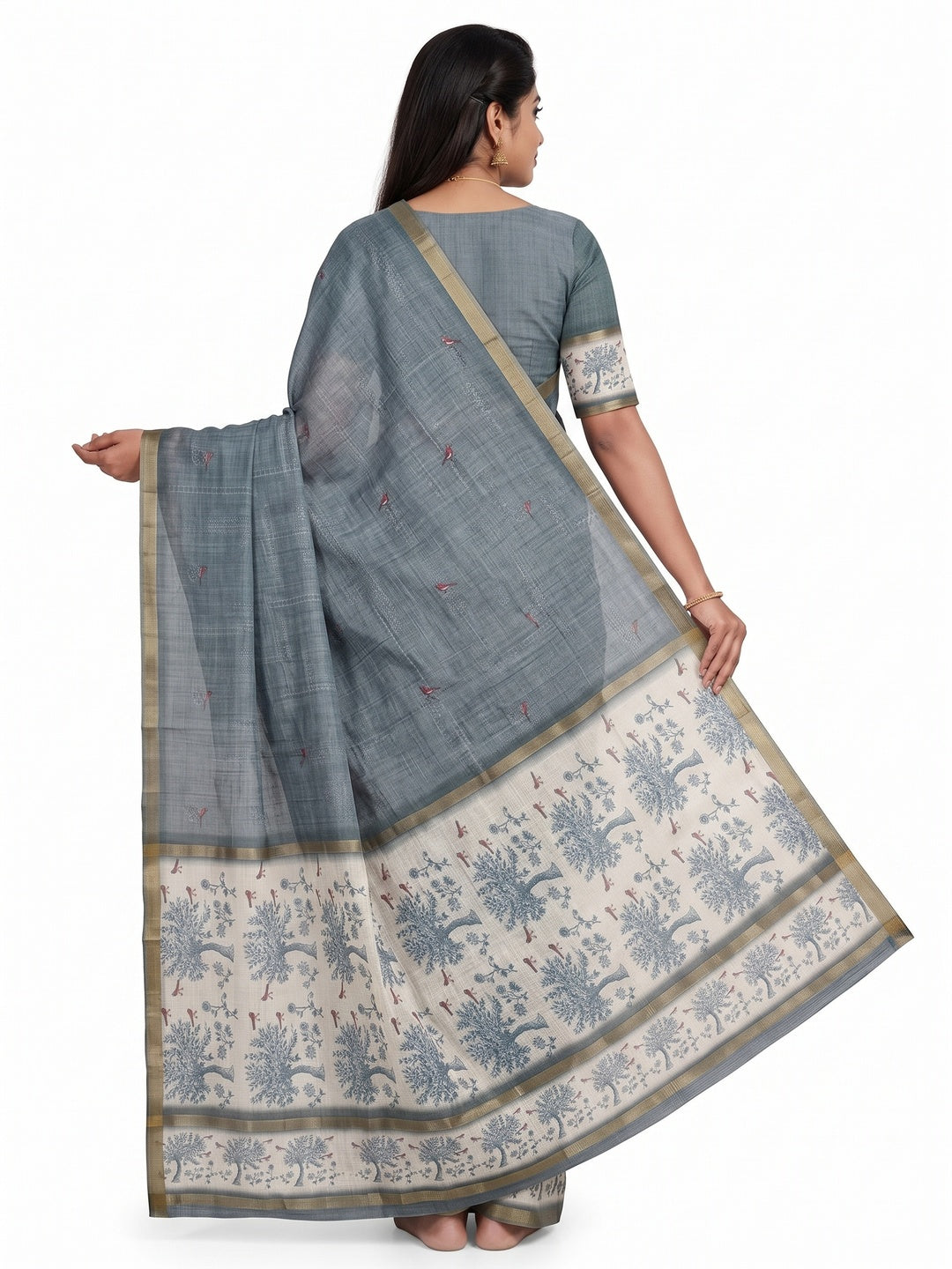 Peachmode Slate Blue Floral Printed Linen Blend Saree - Image 3
