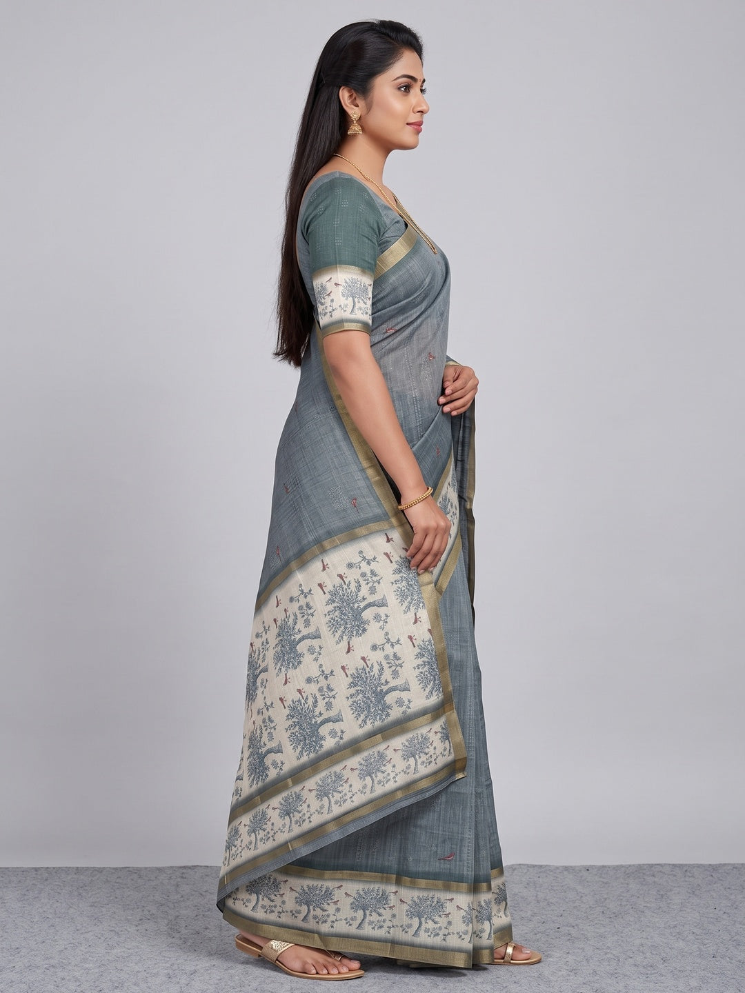 Peachmode Slate Blue Floral Printed Linen Blend Saree - Image 4