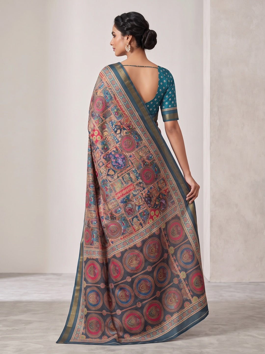 Peachmode Blue Position Printed Dola Silk Saree - Image 3