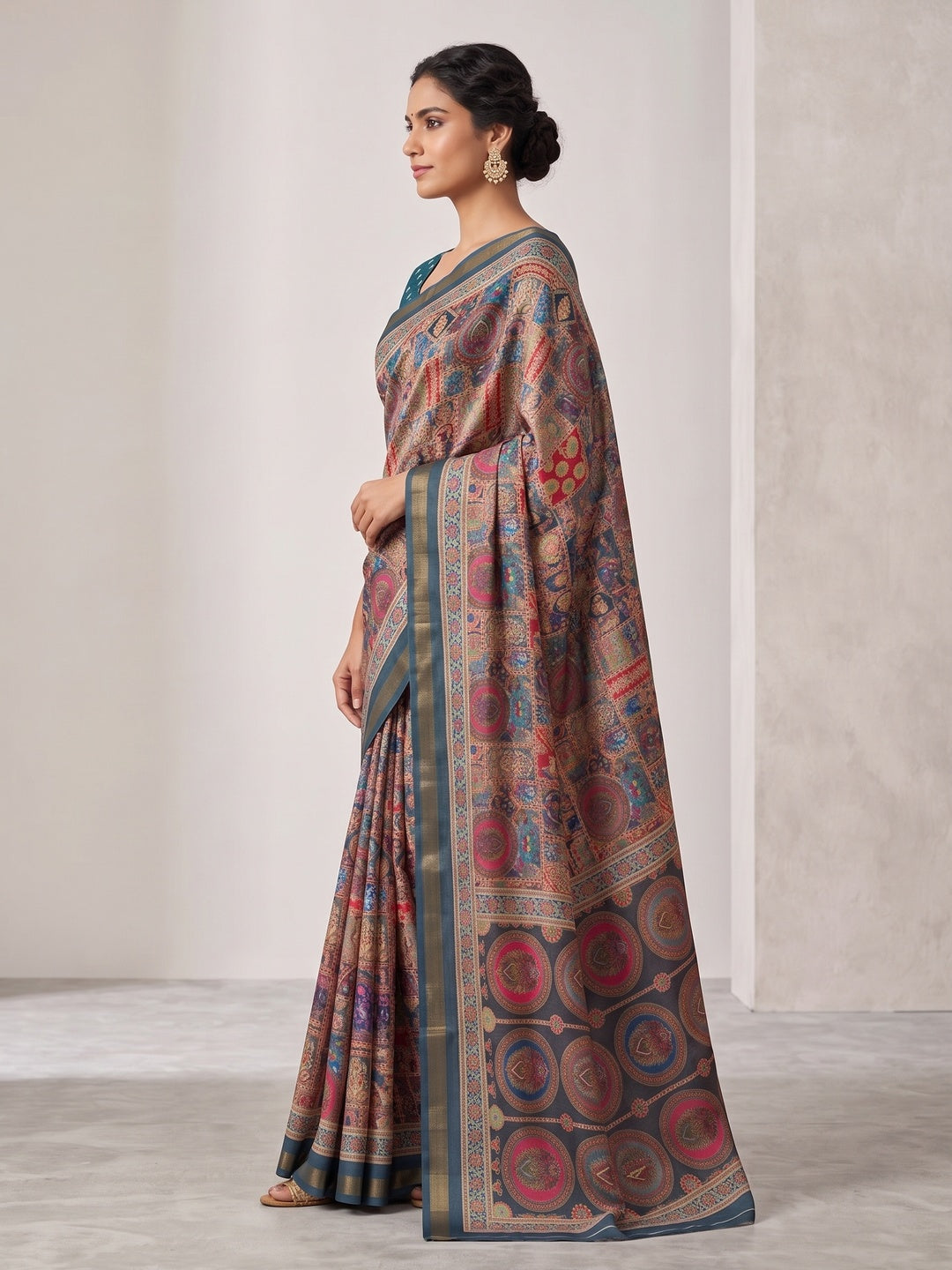 Peachmode Blue Position Printed Dola Silk Saree - Image 4