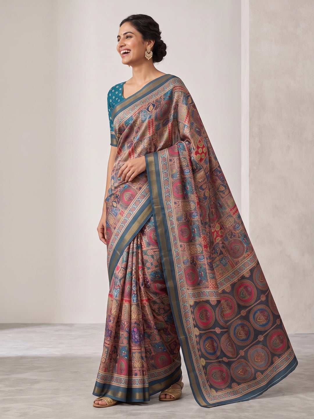 Peachmode Blue Position Printed Dola Silk Saree - Image 5