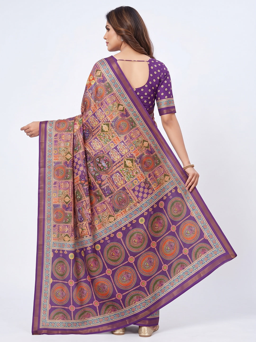 Peachmode Purple Position Printed Dola Silk Saree - Image 3