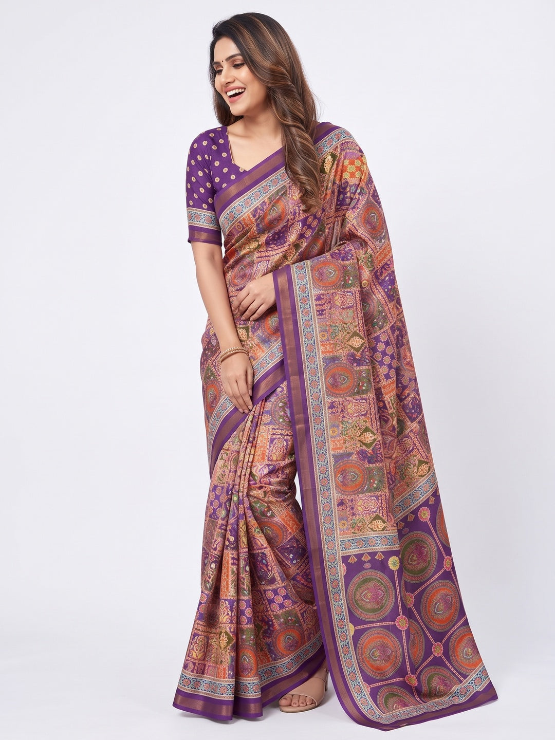 Peachmode Purple Position Printed Dola Silk Saree - Image 5