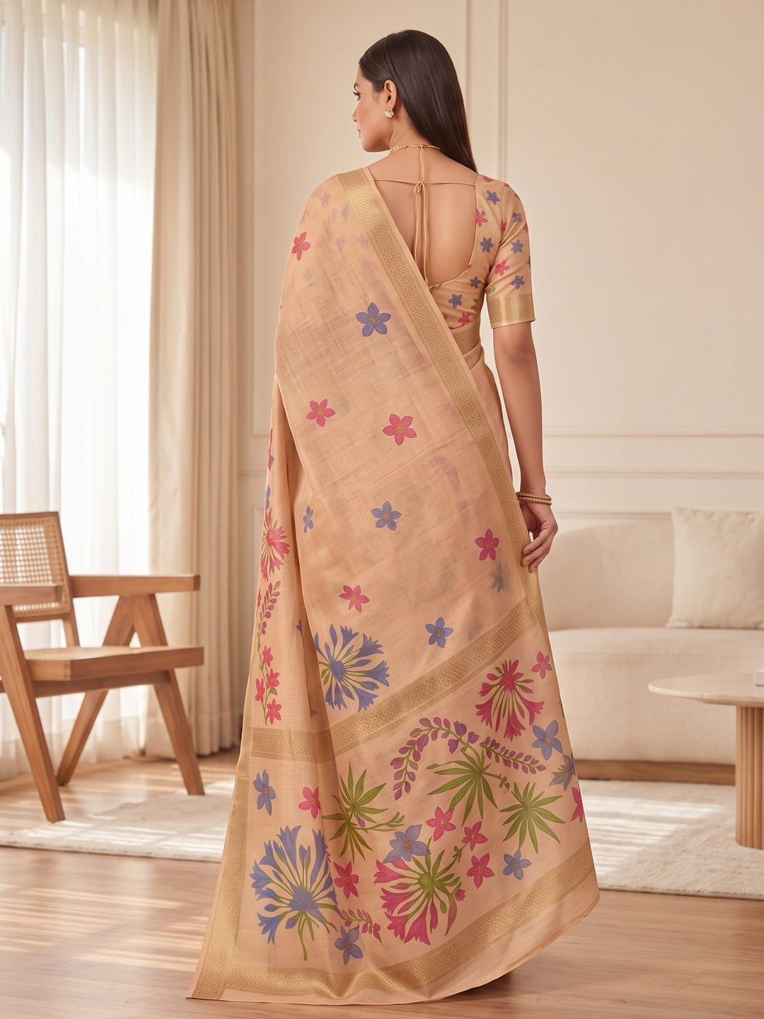 Peachmode Chikoo Multicolor Floral Printed Art Silk Saree - Image 3