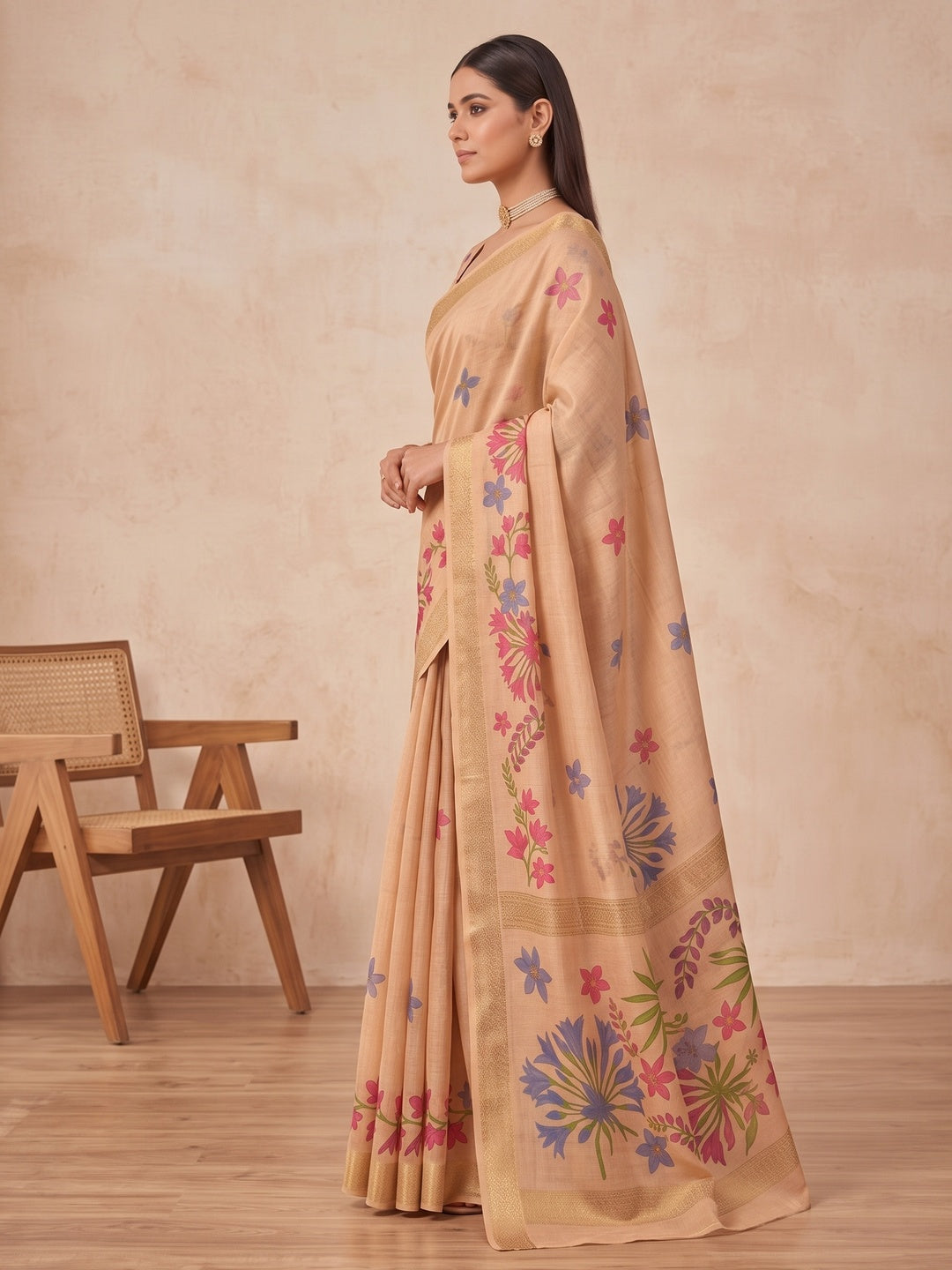 Peachmode Chikoo Multicolor Floral Printed Art Silk Saree - Image 4