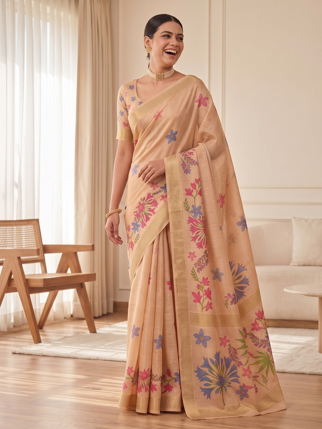 Peachmode Chikoo Multicolor Floral Printed Art Silk Saree - Image 1