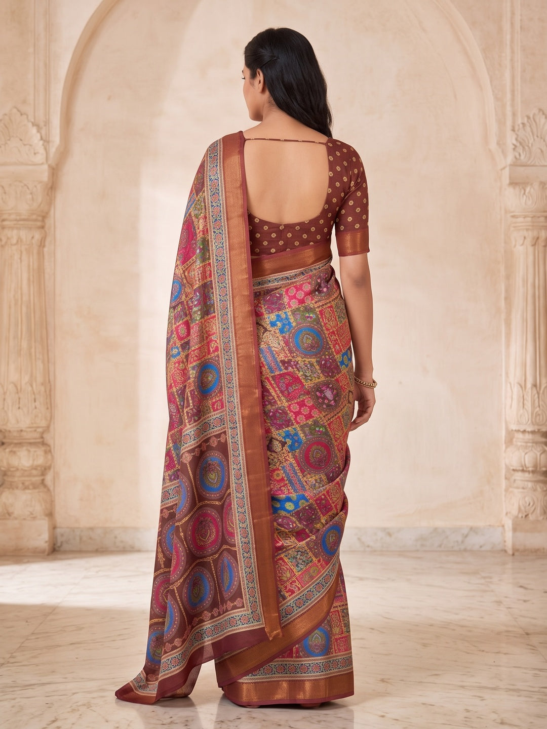 Peachmode Coffee Position Printed Dola Silk Saree - Image 3
