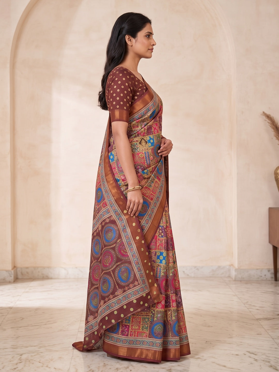 Peachmode Coffee Position Printed Dola Silk Saree - Image 4