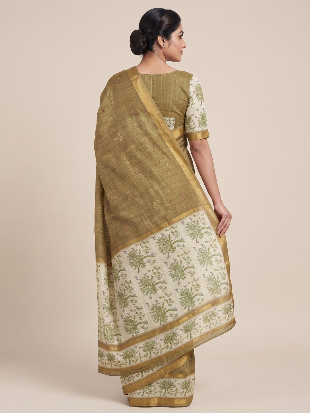 Peachmode Brown Floral Printed Linen Blend Saree - Image 3