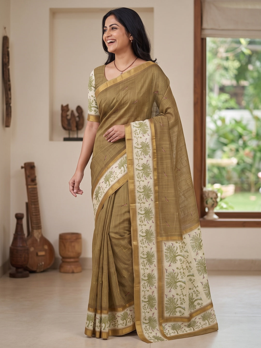 Peachmode Brown Floral Printed Linen Blend Saree - Image 4
