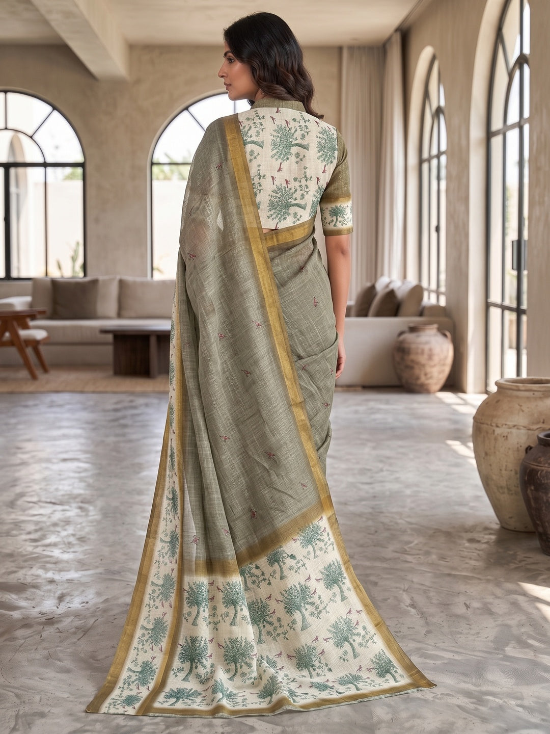 Peachmode Grey Floral Printed Linen Blend Saree - Image 3