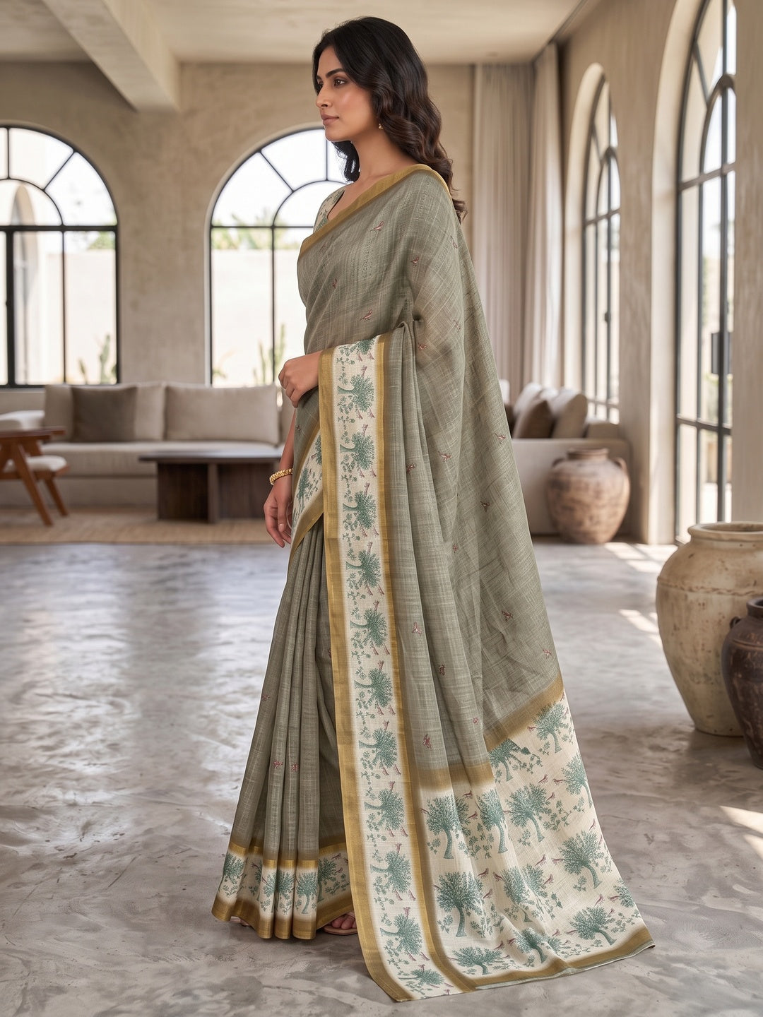 Peachmode Grey Floral Printed Linen Blend Saree - Image 4