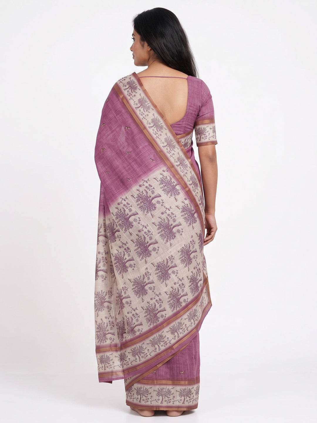 Peachmode Purple Floral Printed Linen Blend Saree - Image 3