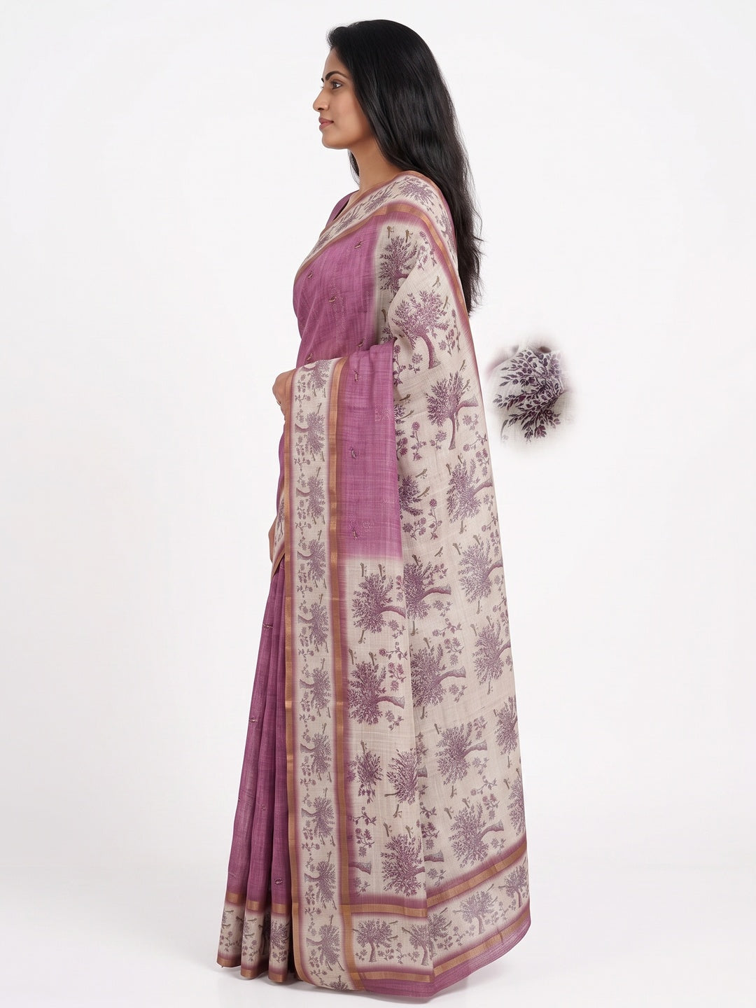 Peachmode Purple Floral Printed Linen Blend Saree - Image 4