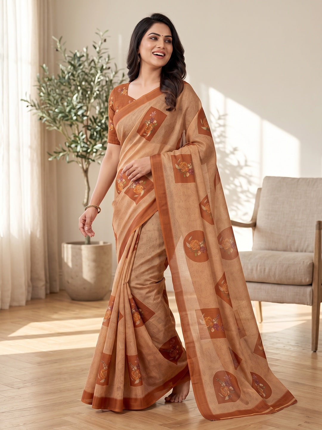 Peachmode Camel Beige Medallion Printed Art Silk Saree - Image 4