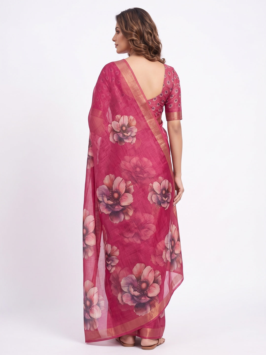 Peachmode Magenta Floral Printed Art Silk Saree - Image 3