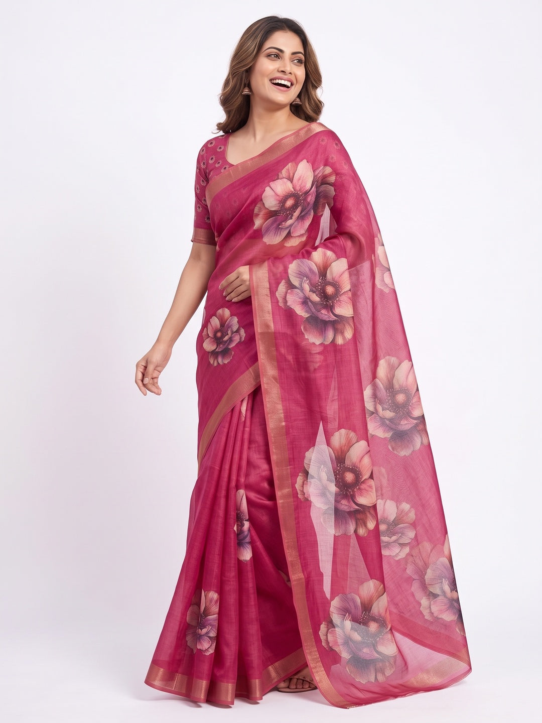 Peachmode Magenta Floral Printed Art Silk Saree - Image 5