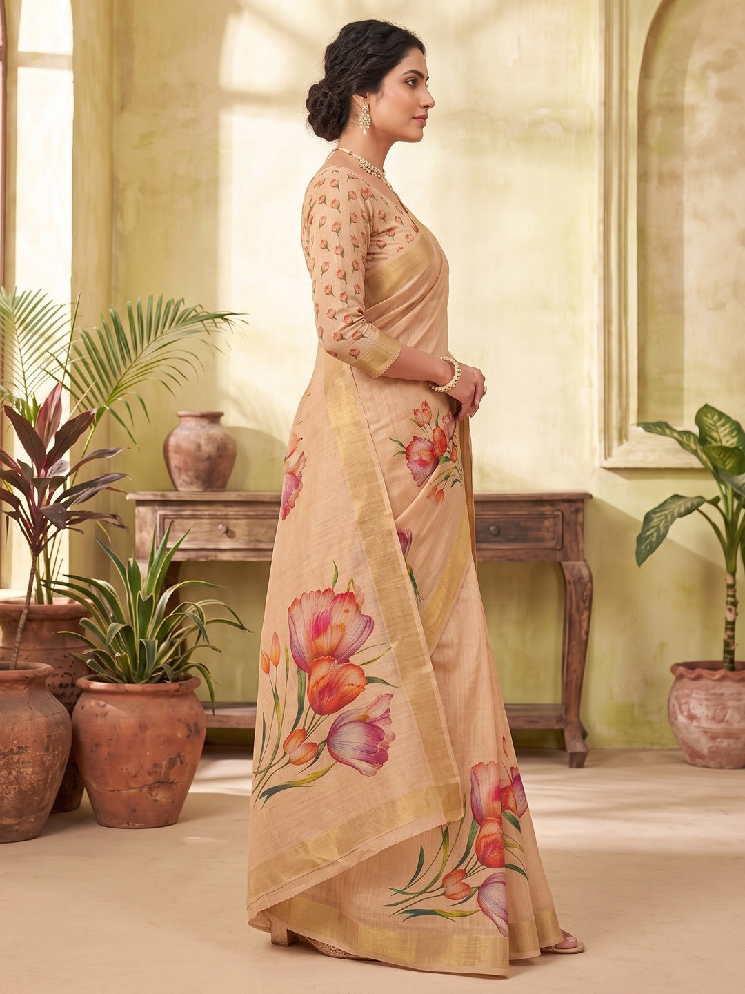 Peachmode Chikoo Watercolour Floral Printed Art Silk Saree - Image 4