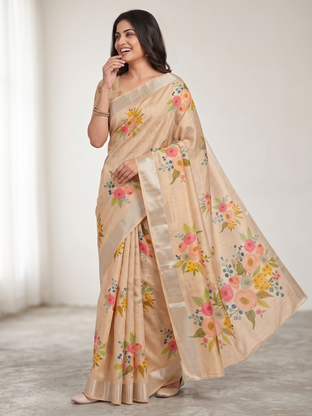 Peachmode Chikoo Botanical Floral Printed Art Silk Saree - Image 1