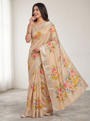 Peachmode Chikoo Botanical Floral Printed Art Silk Saree - Image 1