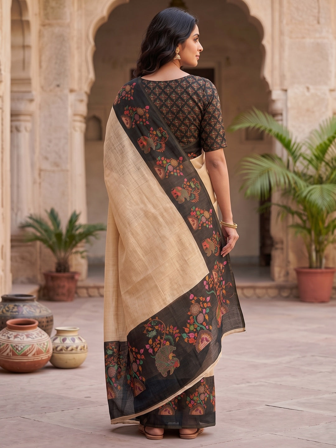 Peachmode Chikoo Black Border Printed Art Silk Saree - Image 3
