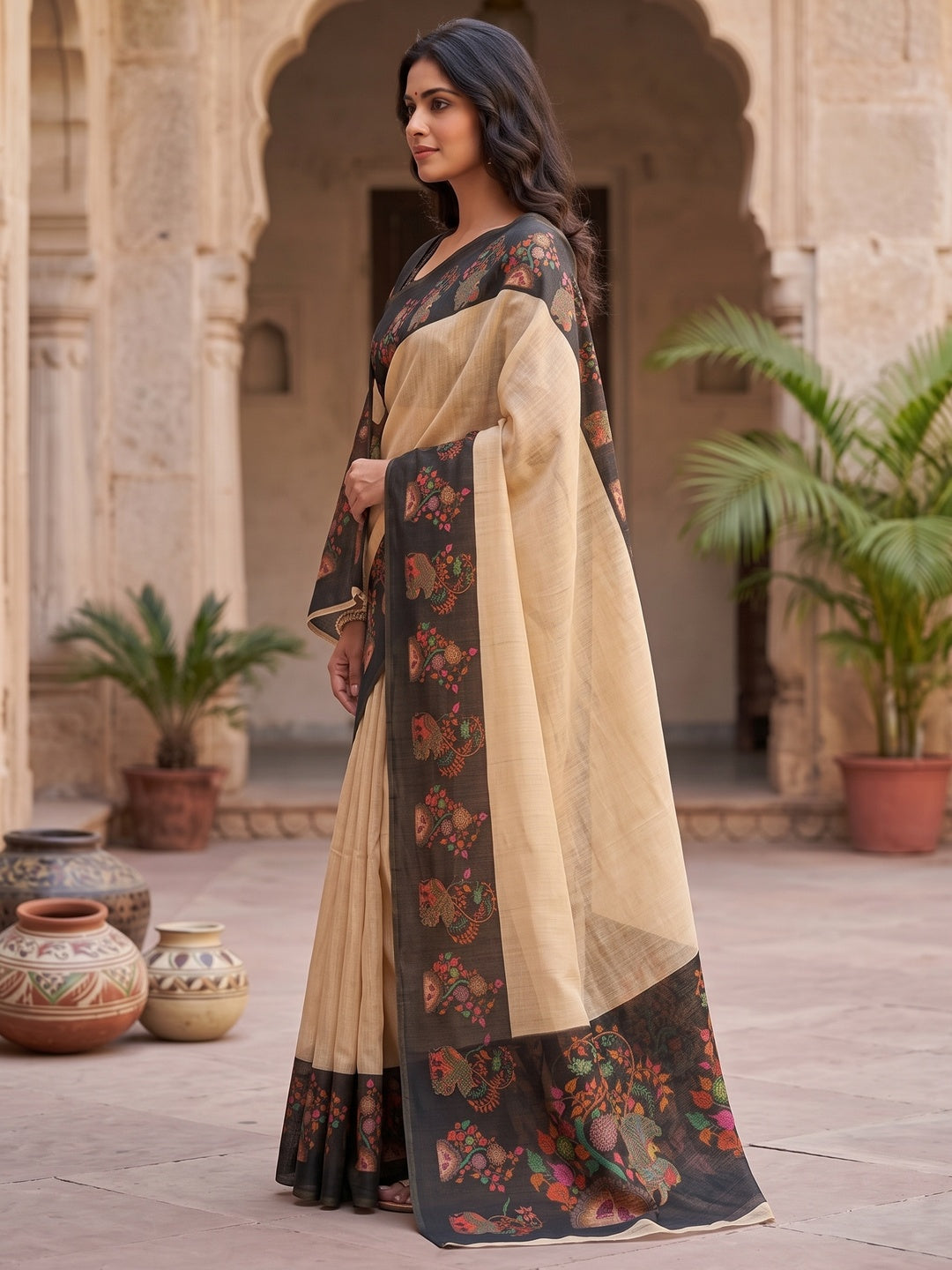 Peachmode Chikoo Black Border Printed Art Silk Saree - Image 4