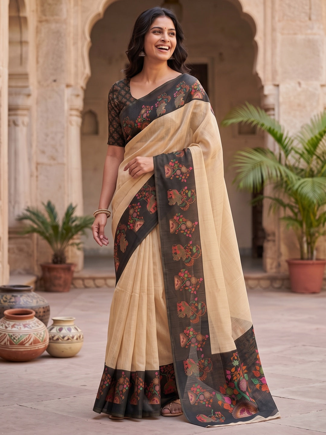 Peachmode Chikoo Black Border Printed Art Silk Saree - Image 5