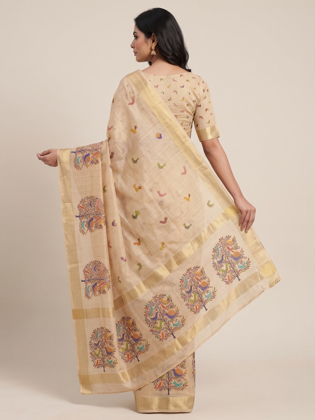 Peachmode Chikoo Multicolor Botanical Printed Art Silk Saree - Image 3