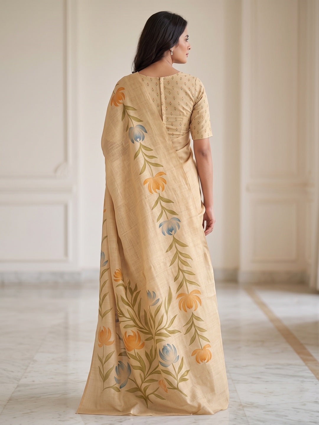 Peachmode Chikoo Leaf Printed Art Silk Saree - Image 3