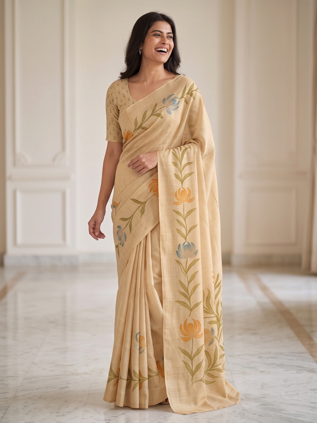 Peachmode Chikoo Leaf Printed Art Silk Saree - Image 5