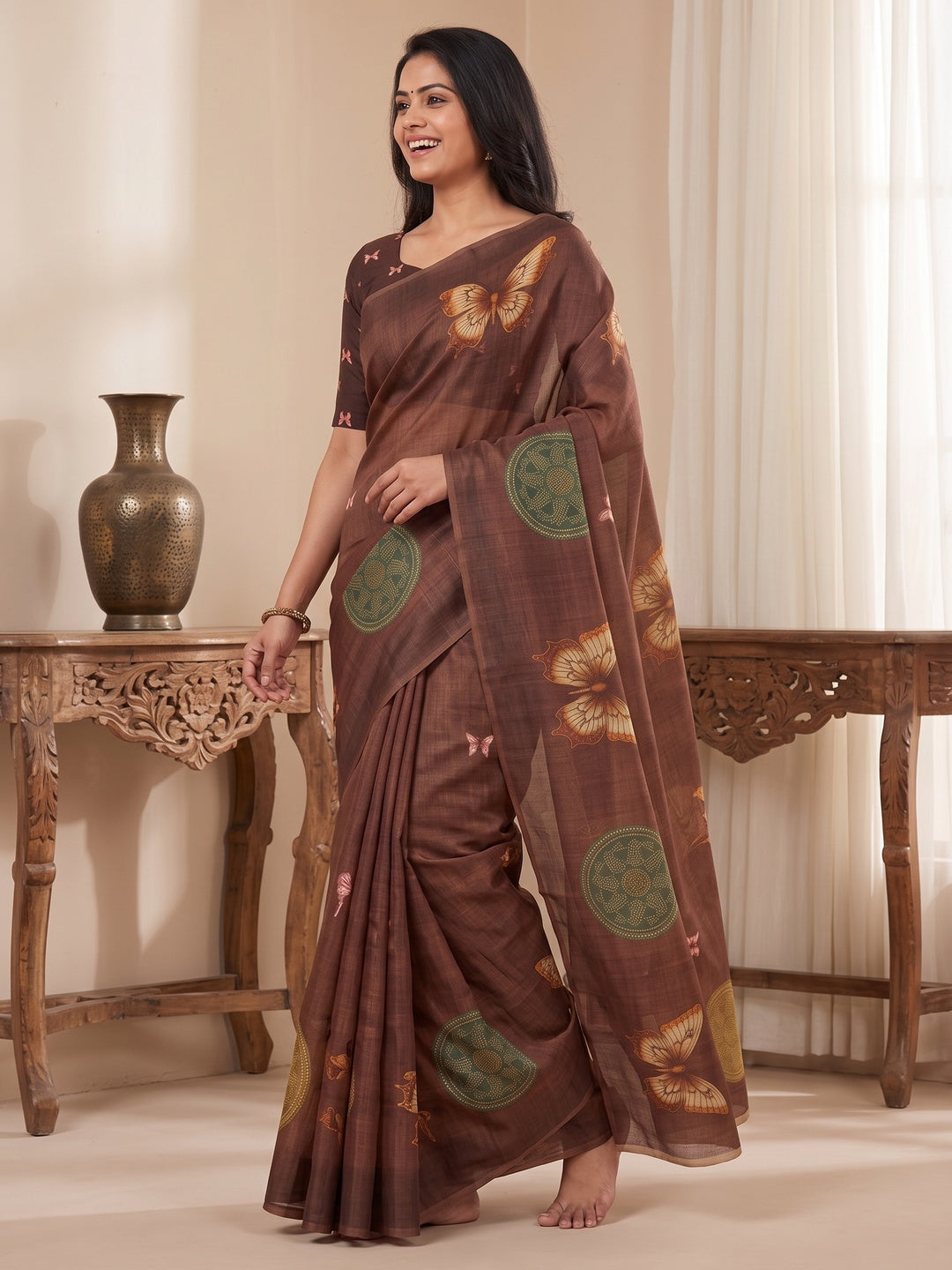 Peachmode Coffee Ethnic Motif Printed Art Silk Saree - Image 5