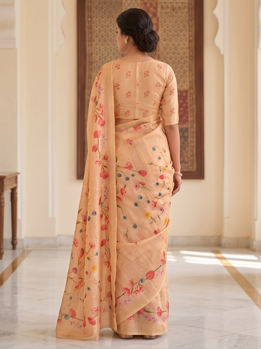 Peachmode Chikoo Peach Floral Printed Art Silk Saree - Image 3