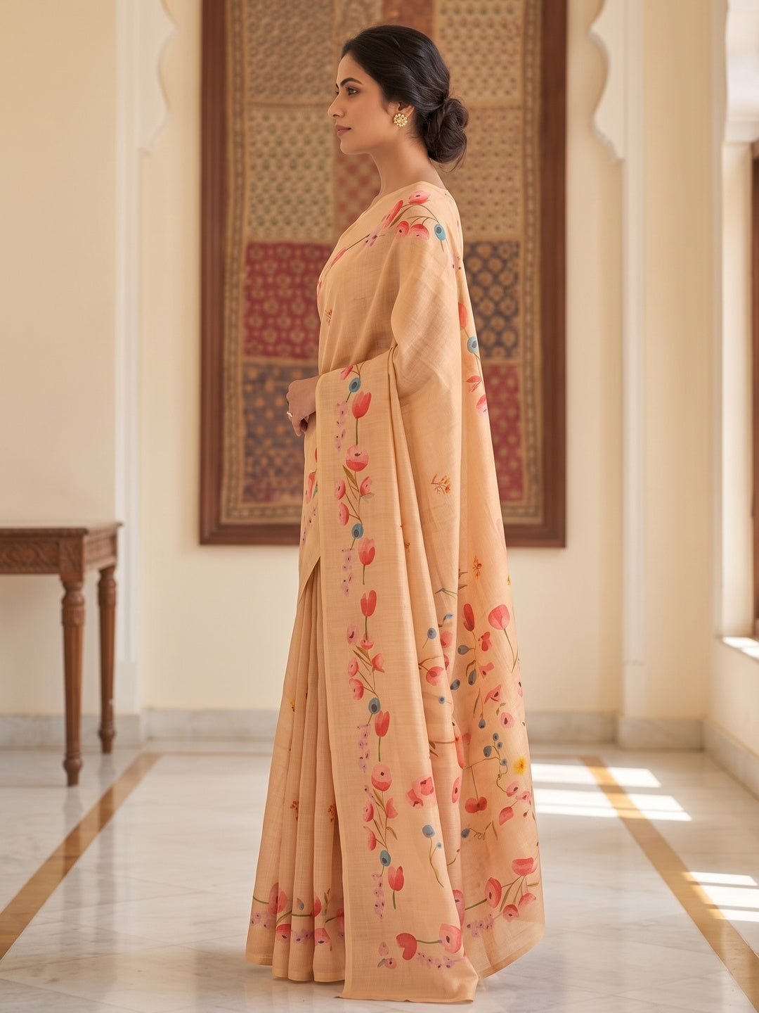 Peachmode Chikoo Peach Floral Printed Art Silk Saree - Image 4