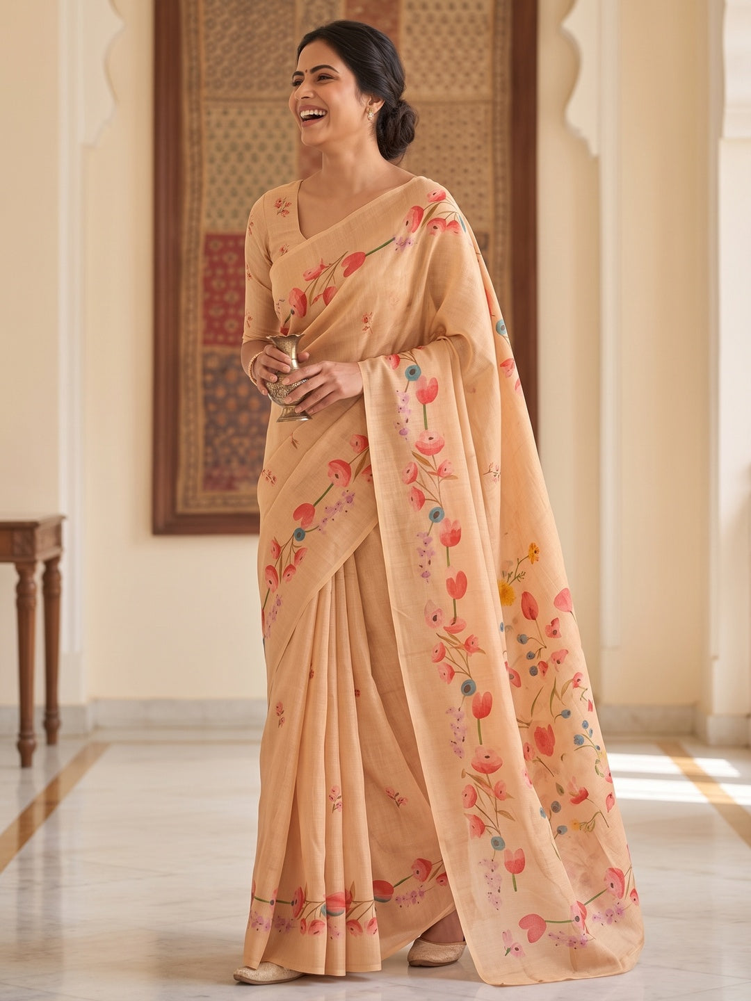 Peachmode Chikoo Peach Floral Printed Art Silk Saree - Image 5