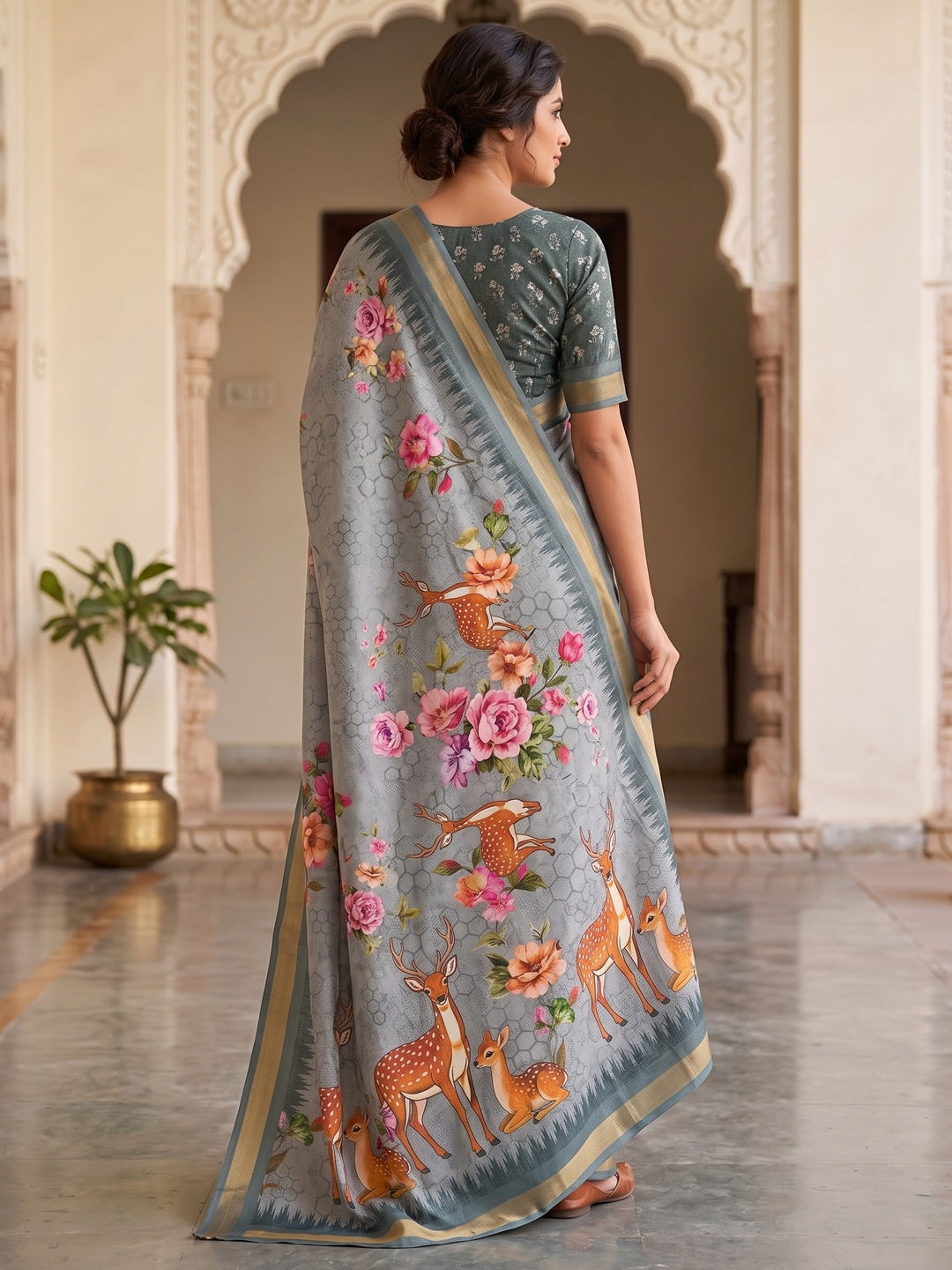 Peachmode Blue Deer Floral Printed Dola Silk Saree - Image 3