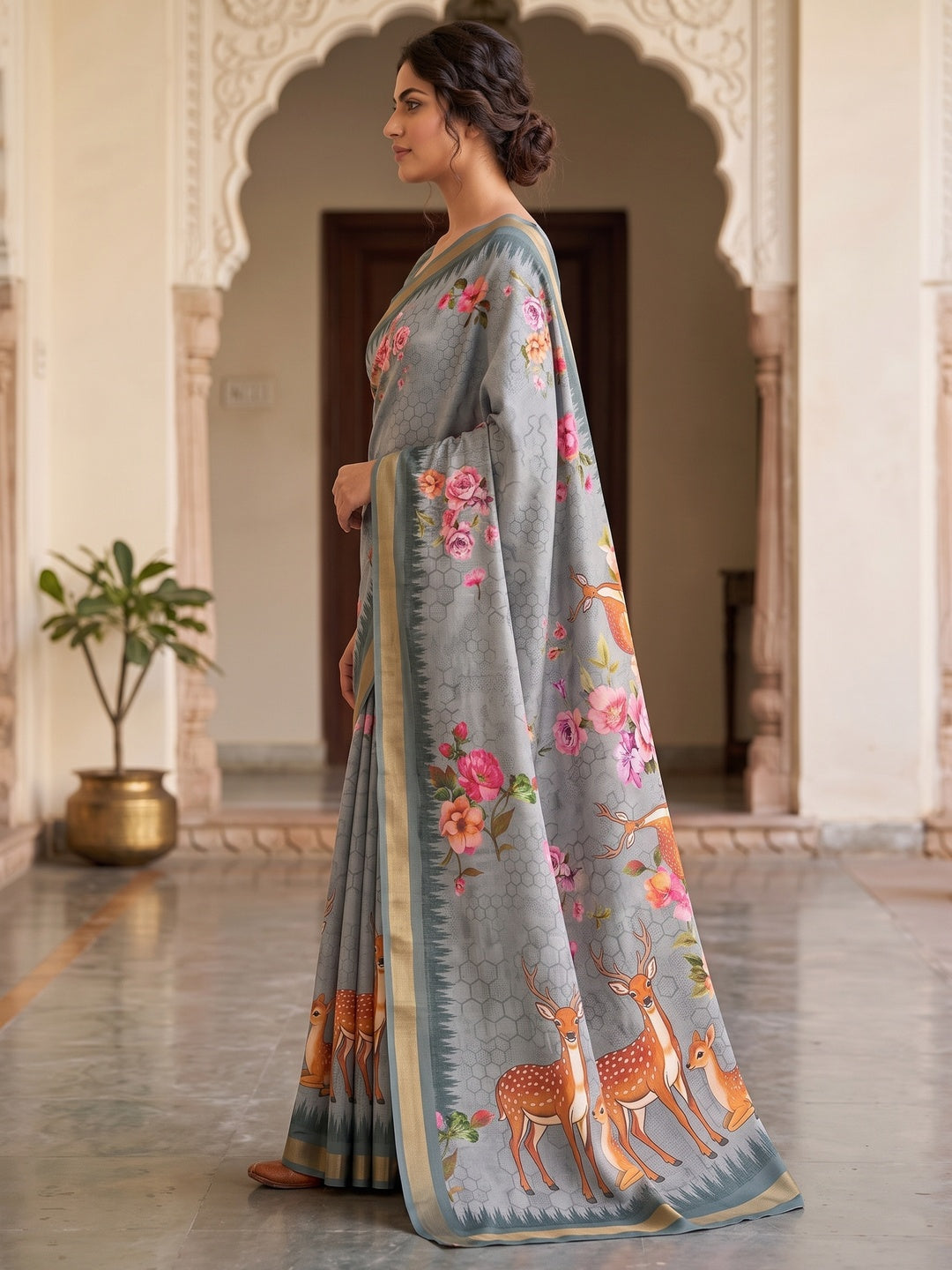 Peachmode Blue Deer Floral Printed Dola Silk Saree - Image 4
