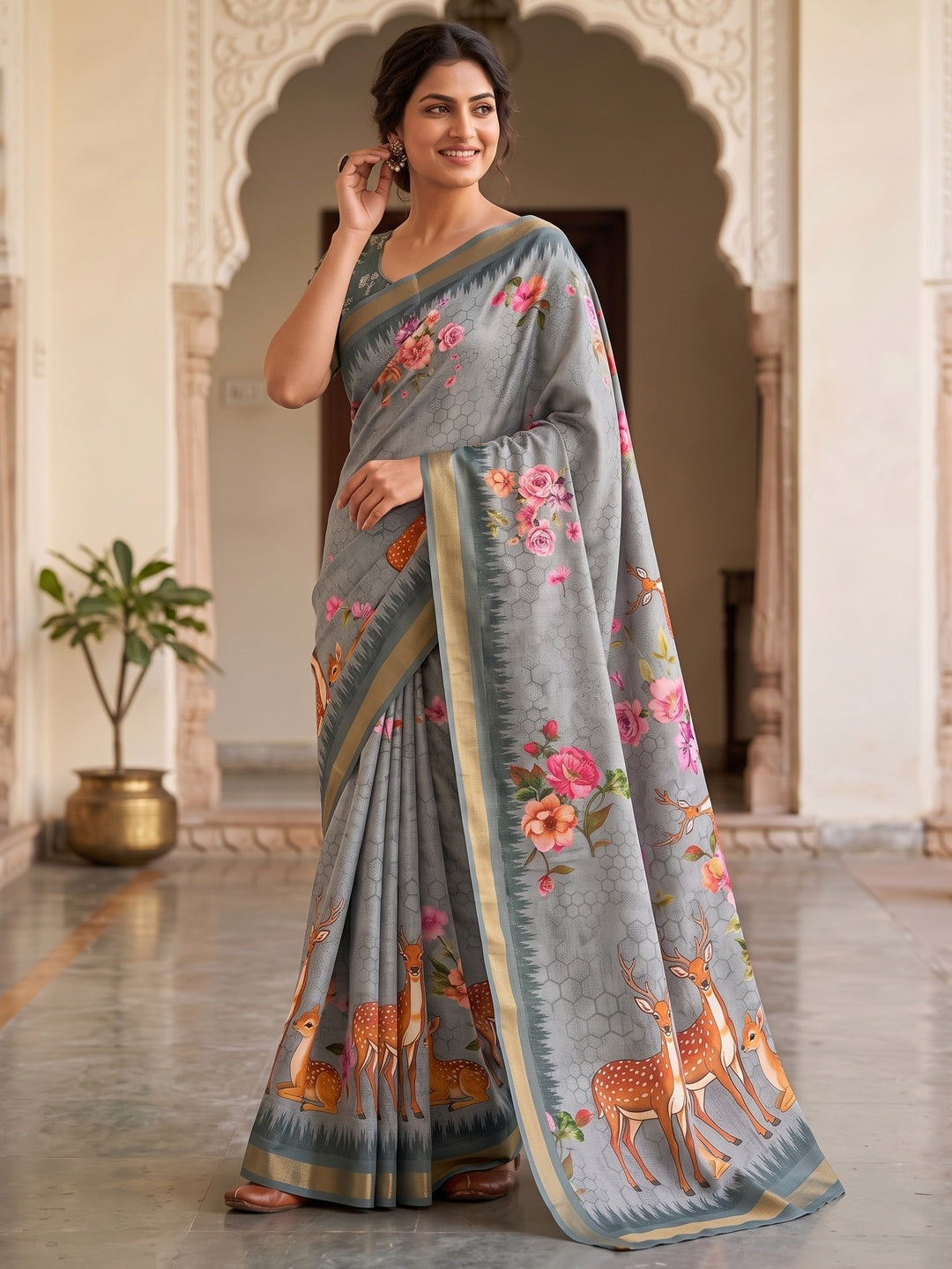 Peachmode Blue Deer Floral Printed Dola Silk Saree - Image 5