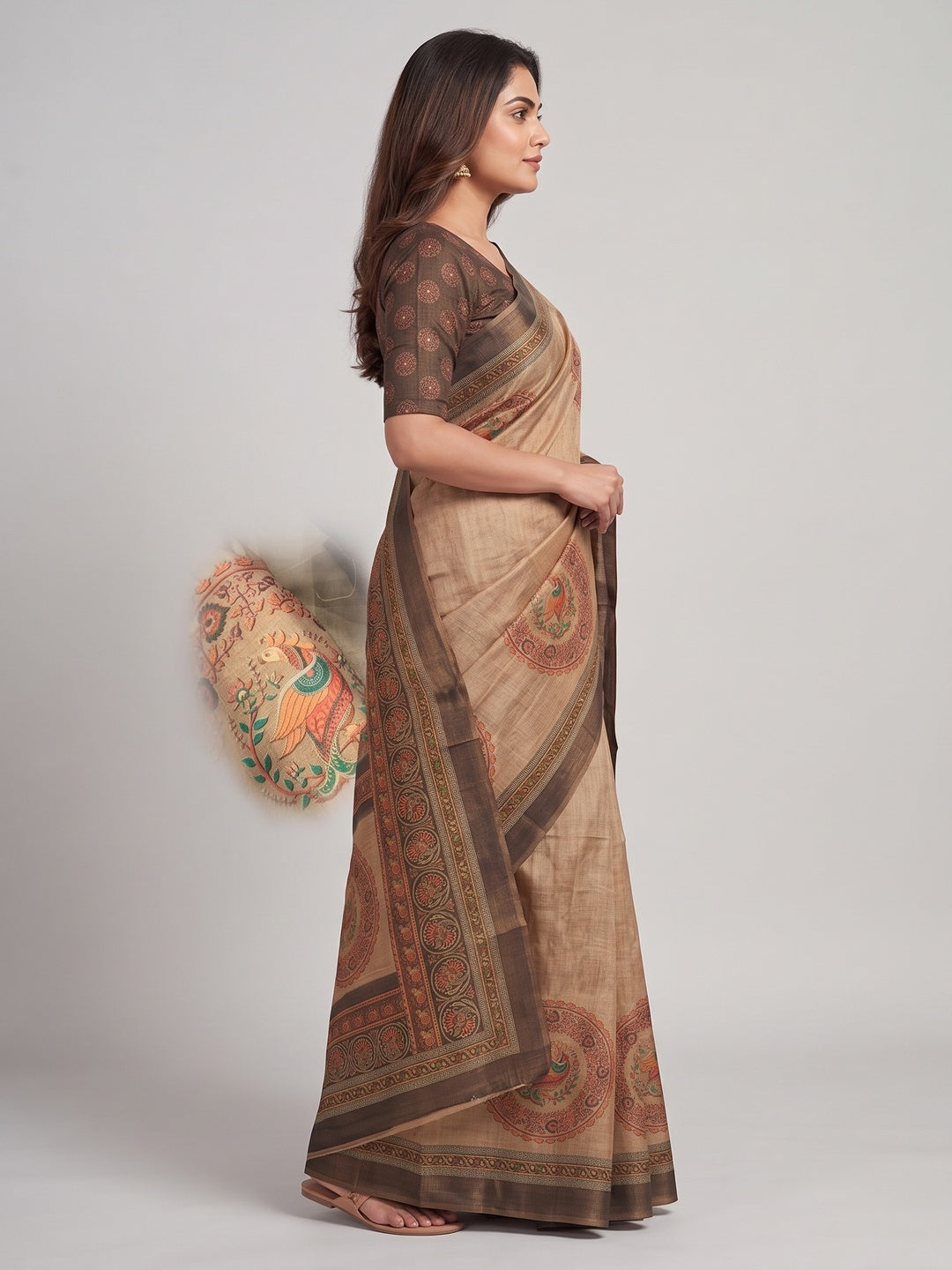 Peachmode Chikoo Paisley Medallion Printed Art Silk Saree - Image 4