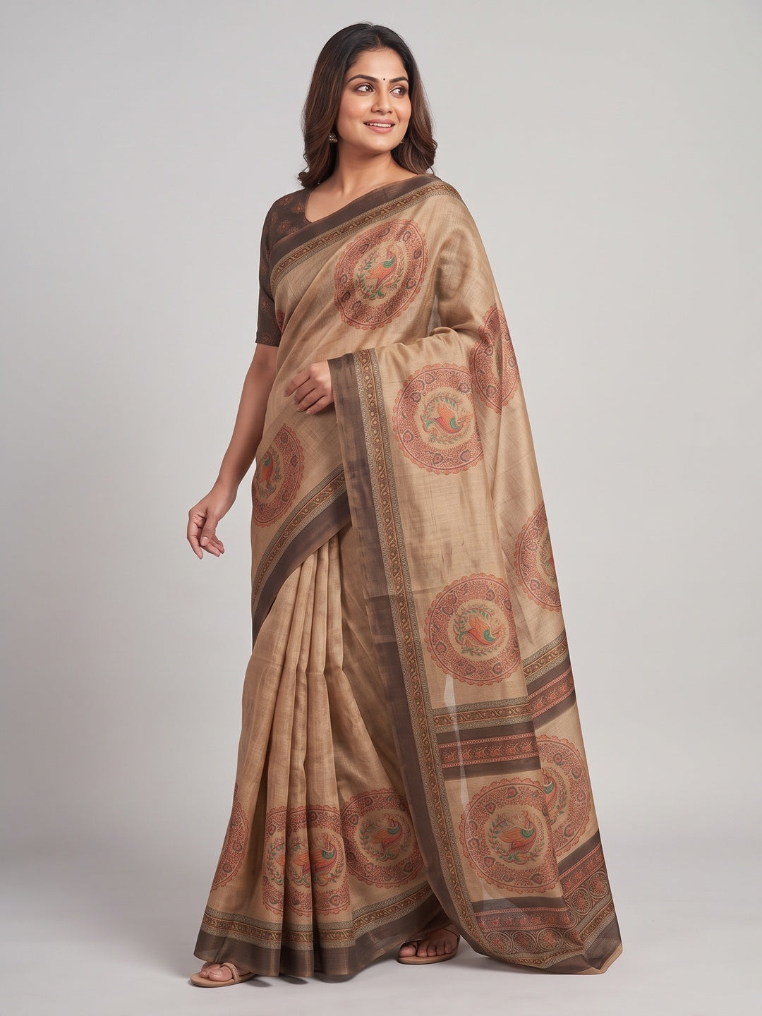 Peachmode Chikoo Paisley Medallion Printed Art Silk Saree - Image 5