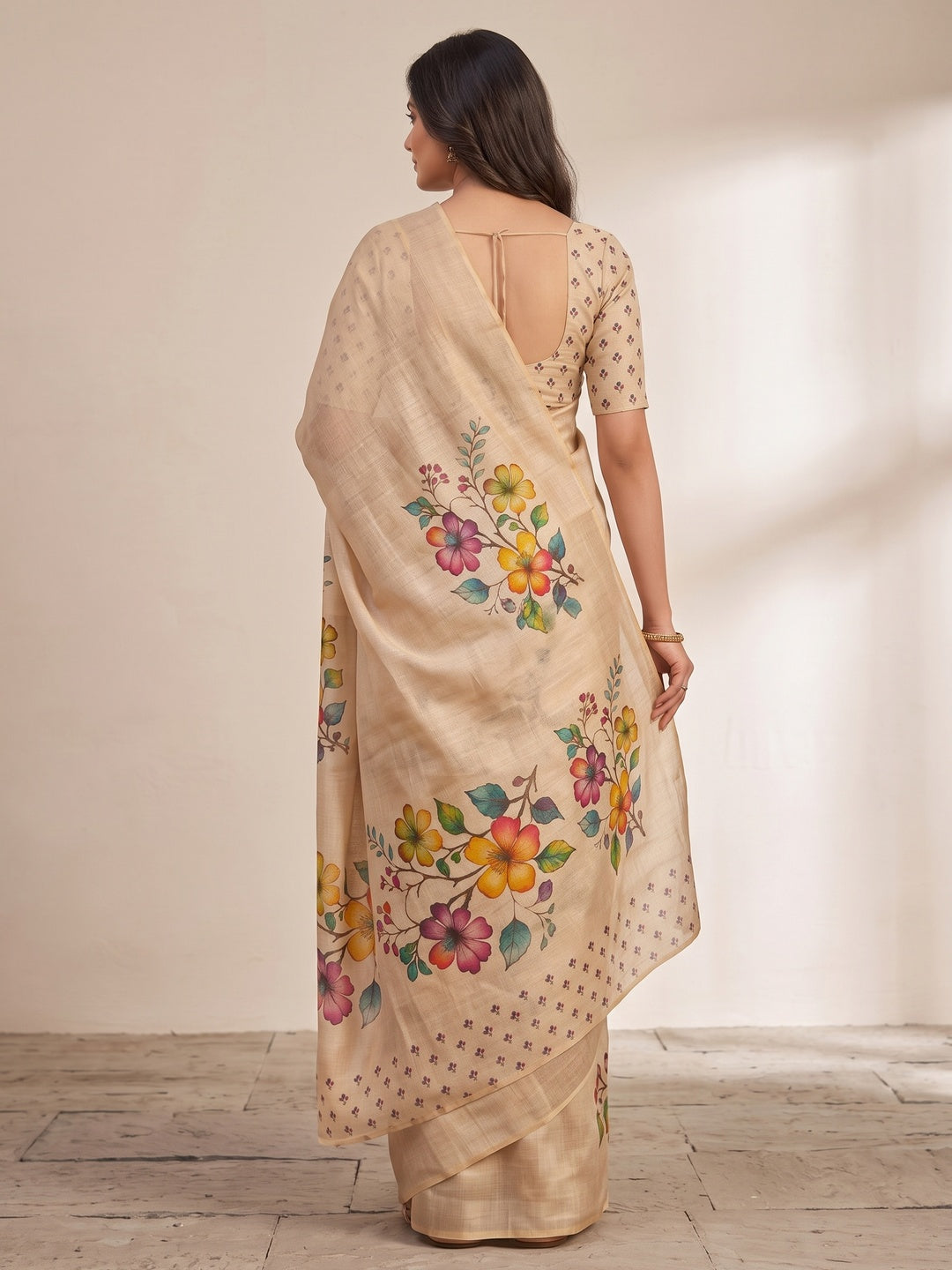 Peachmode Chikoo Bouquet Printed Art Silk Saree - Image 3